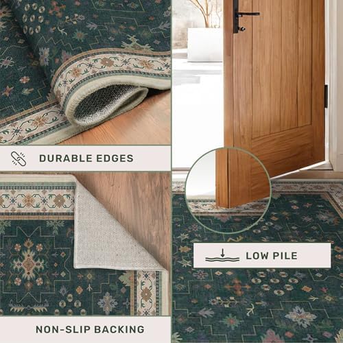 Hazo Haus Vintage Dark Green 2x10 Hallway Runner Rug - Modern Boho Eclectic Floral Pastel, Washable Low Pile Non-Slip Extra Long Runner Rugs for Kitchen, Bedroom - Image 5