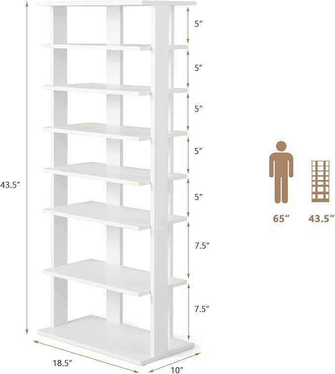 Giantex 8-Tier Wooden Shoe Rack, Patented Double Row Shoe Organizer for 16 Pairs, Customizable Height, Space-Saving Shoe Storage Stand for Entryway, Hallway, Living Room, Bedroom (White, Double)