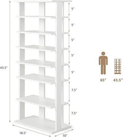 Giantex 8-Tier Wooden Shoe Rack, Patented Double Row Shoe Organizer for 16 Pairs, Customizable Height, Space-Saving Shoe Storage Stand for Entryway, Hallway, Living Room, Bedroom (White, Double)