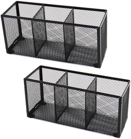 2PCS Black Mesh Pen Pencil Holder, Small Metal Desk Organizer Desktop Stationery Office Supplies Acessories Storage Stand, 3 Compartments Brushes Holder for Home School Classroom Teachers by Flytreal