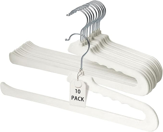 ManGotree Non Slip Velvet Pants Hangers, Open Ended Felt Jean Hangers for Closet Organizer, Heavy Duty Space Saving for Trousers, Slacks, Shorts, Dress, Scarf (10 Pack, Ivory)