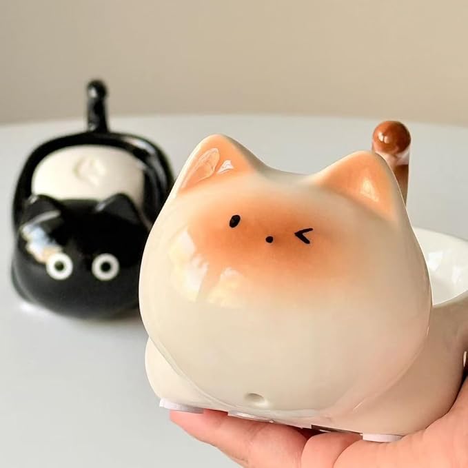 Ceramic Cute Cat Soap Dish, Self-Draining Bar Soap Holder for Shower, Decorative Soap Tray for Bathroom Sink Kitchen Counter, Easy Clean Soap Saver Tray(White)