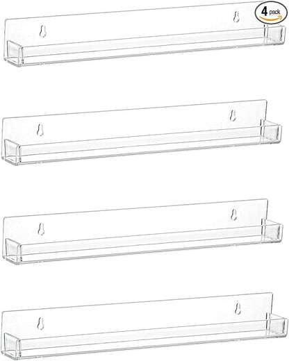 LikeU Nail Polish Rack Wall Mounted Shelf 4 Pack, Clear Acrylic Holder Organizer With Removable Anti-slip End Inserts, 4 Tiers Floating Display for 60 Bottles