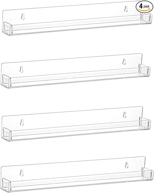 LikeU Nail Polish Rack Wall Mounted Shelf 4 Pack, Clear Acrylic Holder Organizer With Removable Anti-slip End Inserts, 4 Tiers Floating Display for 60 Bottles