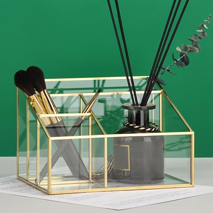 Alipis Glass Makeup Organizer with Gold Trim Large Capacity Cosmetic Display Case for Vanity Lipstick and Brush Holder Transparent Storage Box 7.67X5.70X5.11 Inches