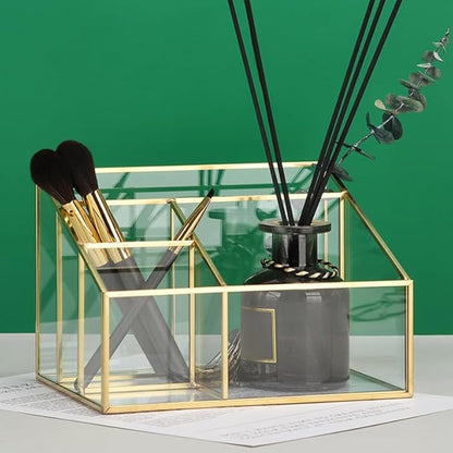 Alipis Glass Makeup Organizer with Gold Trim Large Capacity Cosmetic Display Case for Vanity Lipstick and Brush Holder Transparent Storage Box 7.67X5.70X5.11 Inches