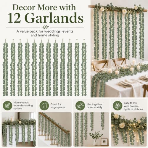 12 Pack Artificial Eucalyptus Garland, 94.4 FT Greenery for Wedding Decor - Image 3
