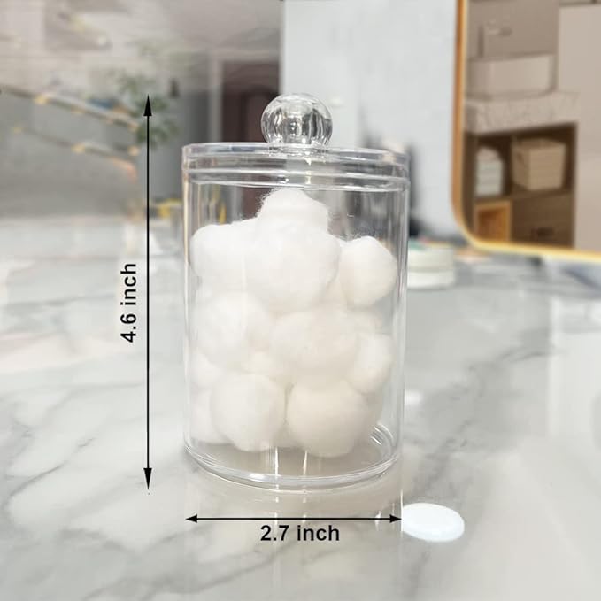 4 Pack Qtip Holder Dispenser for Cotton Ball, Swab, Round Pads, Floss - 10 oz Clear Plastic Apothecary Jar Set for Bathroom Canister Storage Organization, Vanity Makeup Organizer