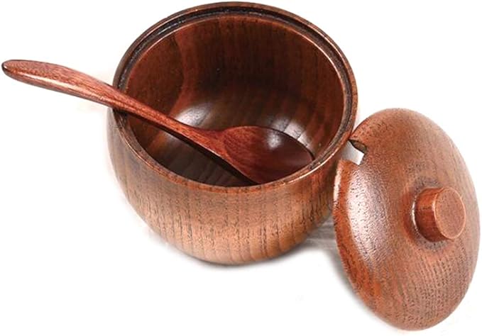 Wood Salt Box Condiment Container Spice Jar Bamboo Salt Sugar Cellar Bowl with Lids and Spoons for Kitchen (Wood)