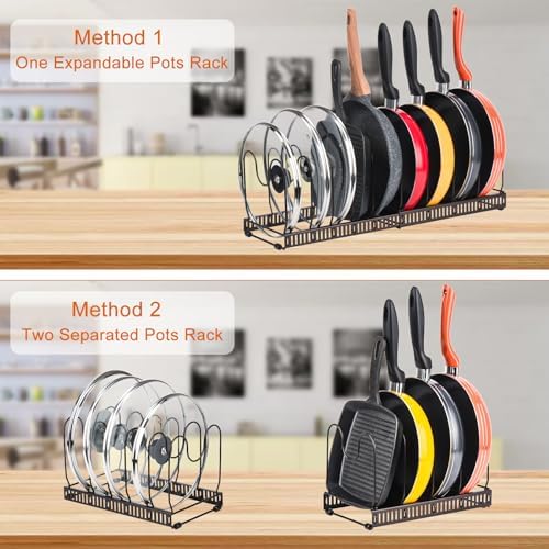 Toplife Pots and Pans Organizer Rack for Cabinet and Countertop, 10+ Pot Lids, Bakeware and Cookware Organizer Rack Holder with 10 Adjustable Compartments - Brown - Image 4