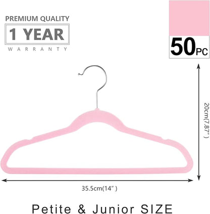 MIZGI Kids Velvet Hangers,Non-Slip Big Kids Hangers,14 Inch Hangers for Youth,Teen Clothes,Pack of 50（Pink/Silver）