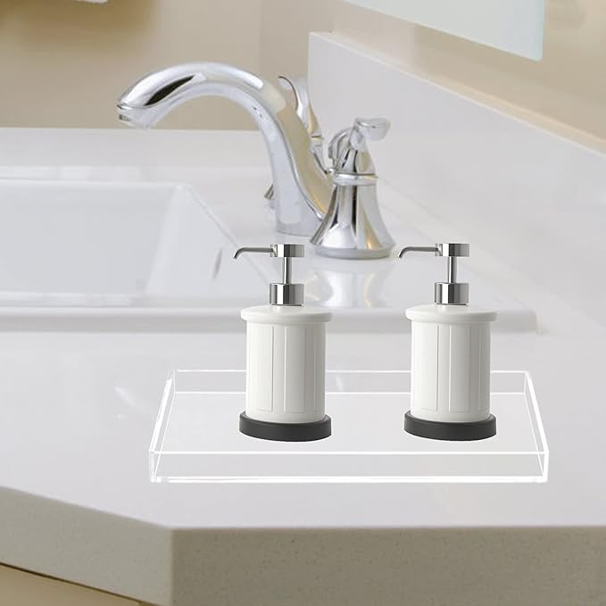 Acrylic BathroomTray for Counter, Handmade Clear Trays Sturdy Organizer for Cup, Sponge, Soap, Plant (Large, Clear)