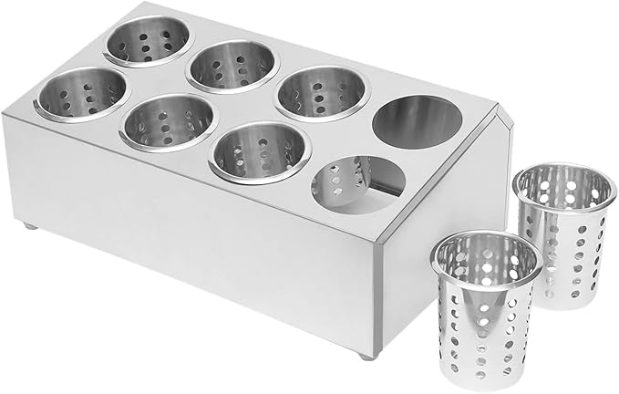 Commercial Utensil Holder, 8 Holes Flatware Cylinder Holder Stainless Steel Utensil Storage Caddy Drying Rack Countertop Silverware Organizer for Restaurants, Catering (8 Holes)
