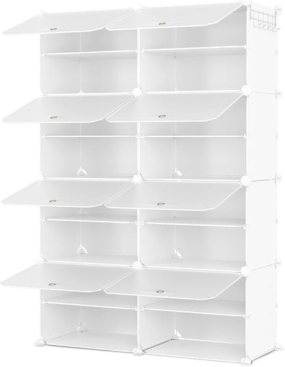 Shoe Rack 8 Tier Shoe Storage Cabinet with Door 32 Pair Tall Shoes Rack Organizer Free Standing Expandable Stable Plastic Easy Assembly Shoes Shelf for Closet Hallway Entryway Bedroom White