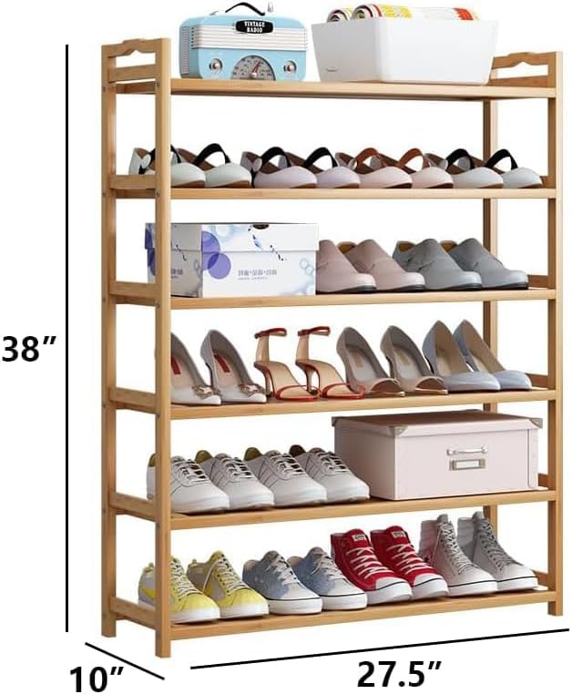 6 Tiers Shoe Rack Natural Bamboo Shoes Shelf Storage for Hallway Entryway Closet Wooden Stackable Shoe Organizer (Style A)
