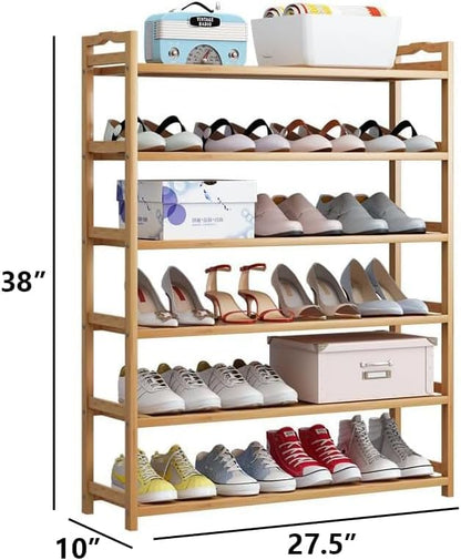 6 Tiers Shoe Rack Natural Bamboo Shoes Shelf Storage for Hallway Entryway Closet Wooden Stackable Shoe Organizer (Style A)