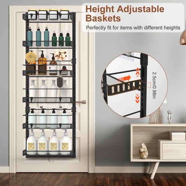 6-Tier Over the Door Organizer, Heavy Duty Metal Pantry Door Rack, Hanging Storage Shelf for Kitchen, Over The Door Spice Rack & Pantry Organizer, 6-Shelf Metal Hanging Storage (Black)