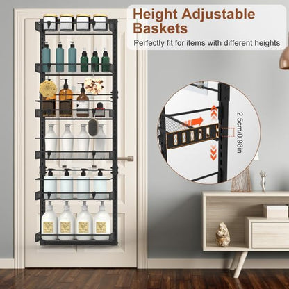 6-Tier Over the Door Organizer, Heavy Duty Metal Pantry Door Rack, Hanging Storage Shelf for Kitchen, Over The Door Spice Rack & Pantry Organizer, 6-Shelf Metal Hanging Storage (Black)