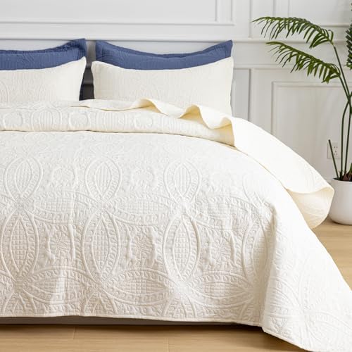 SheRest Queen Quilt Bedding Set - Soft Breathable Bed Quilts, Modern Style Embossed Bedspreads, Lightweight Microfiber Reversible Coverlet for All Seasons, Cream, 3 Pieces (1 Quilt,2 Pillow Shams) by SheRest