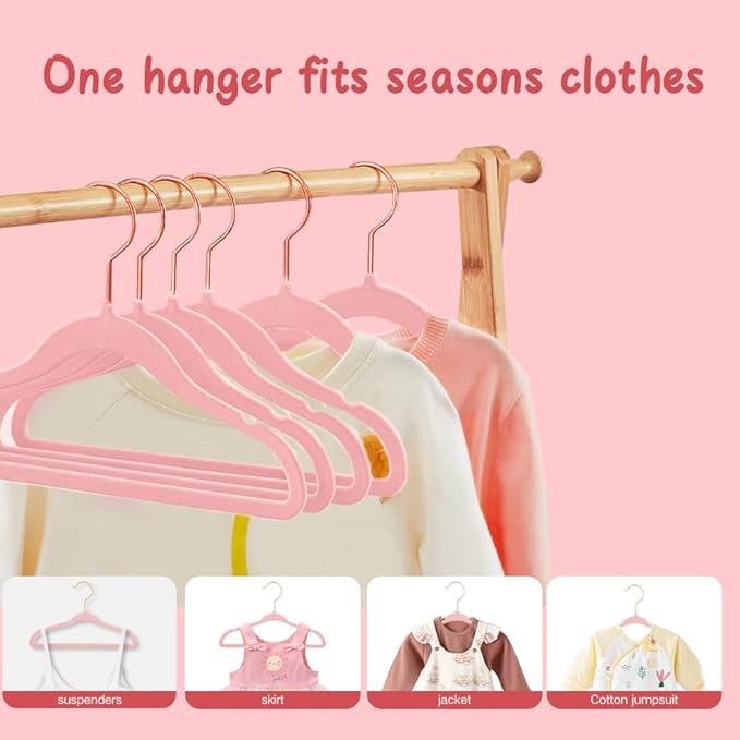 Stormix Baby Clothes Hangers 16 Pack, Kids Velvet Hangers Non-Slip, Clothes Hangers with Shoulder Notches for Toddler Children Pink (Gold Hook)