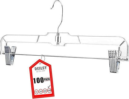 DEILSY™ Skirt Hangers 100 Pack Pants Hangers Shorts Clear Plastic Clothes with Adjustable Clip Non-Slip Clothes Clip Perfect for Pant, Pack of 100
