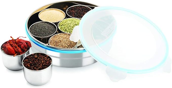 Steel Lock Stainless Steel Spice Container/Masala Dabba With Stainless Steel Wati, Silver