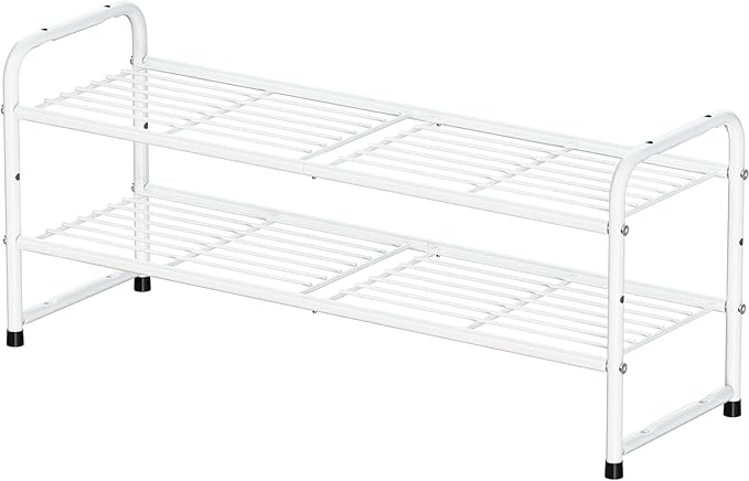 Standard Shoe Rack 2-Tier 32.5 Inches Wide, Free Standing Shoe Organizer for Indoor Outdoor | Adjustable Heavy-Duty Metal Shelf Ideal for Home Entryway Closet & Garage Balcony | White