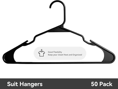 Plastic Hangers - 50 Pack, Durable Space Saving for Everyday Use and Dorm Room Essentials - Black