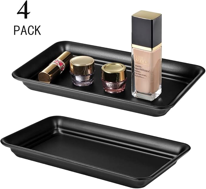 Vintage Farmhouse Decor Metal Vanity Tray(4 Pack), Countertop Guest Hand Towel Paper Storage Organizer Tray Dispenser, Sturdy Holder for Perfume, Cosmetics, Jewelry, Makeup Bathroom Organizer (Black)