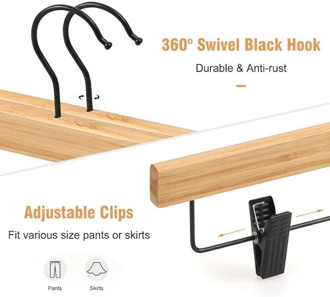 TOPIA HANGER Pants Hangers 10 Pack, Bamboo Clothes Hangers with Black Clips and Rotatable Hook, Durable Natural Wooden Hangers for Skirts, Pants, Jeans, Shorts - CTS04