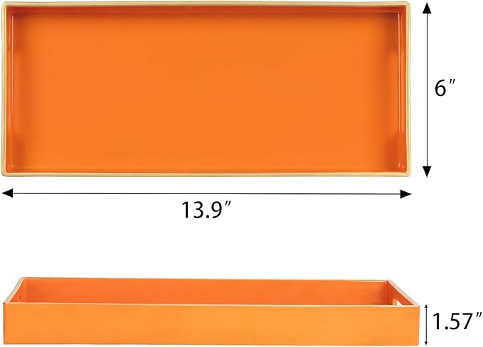 MAONAME Orange Vanity Tray, Plastic Decorative Tray, Rectangular Trays with Handles, Narrow Bathroom Trays for Toilet Tank, 13.8" X 6" X 1.57"