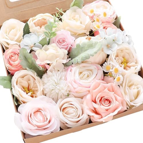 Floroom Blush Cream Artificial Flowers Fake Roses Peonies Dahlia and Greenery Combo Box Set for DIY Wedding Bouquets Bridal Shower Centerpieces Floral Arrangements Party Tables Home Decorations by Floroom
