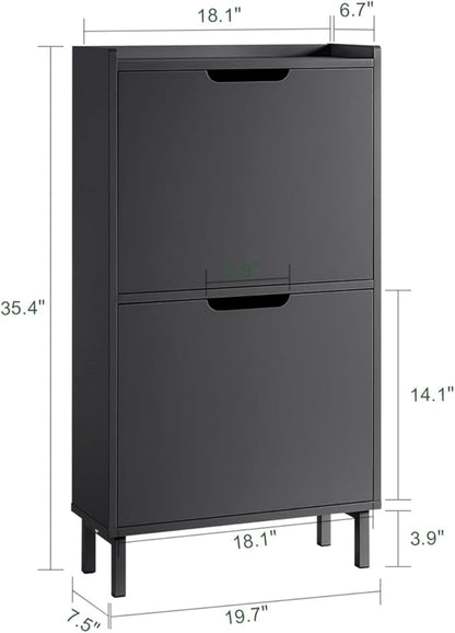 Haotian Slim Shoe Cabinet Entryway, Hidden Shoe Storage with Two Flip Drawers to Save Space, Freestanding Shoe Rack for Front Door, Entryway, Hallway (Black)
