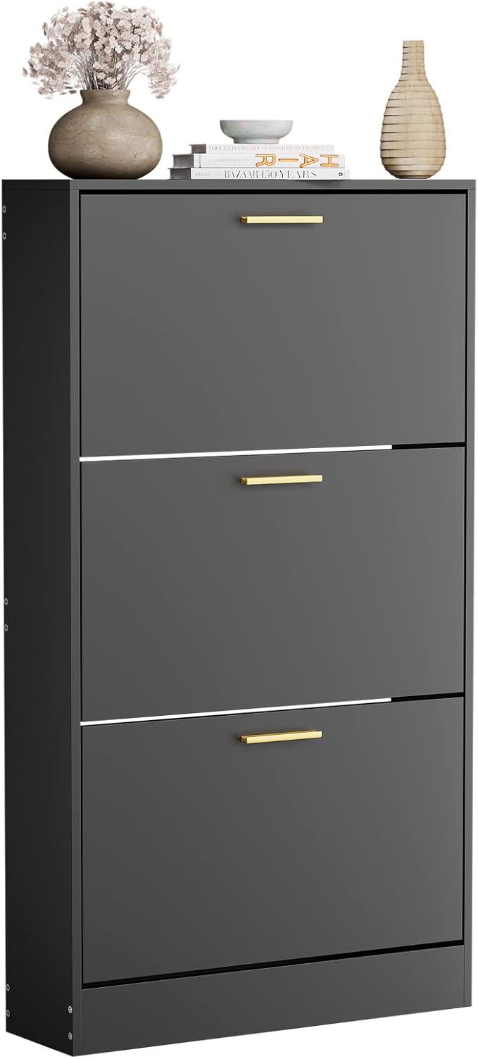 JOZZBY Shoe Cabinet, Black Shoe Cabinet with 3 Flip Drawer, Hidden Shoe Storage Freestanding Shoe Rack Cabinet for Entryway, Hallway, Living Room