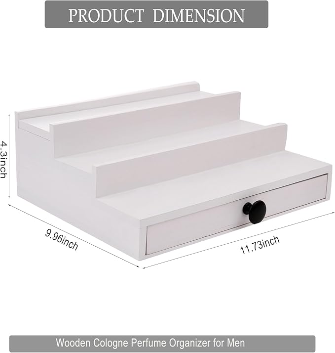 White Cologne Organizer for Men - 3 Tier Wooden Perfume Display Stand with Drawer and Hidden Compartment for Organizing and Storing, Cologne Holder Shelf for Dresser