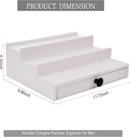 White Cologne Organizer for Men - 3 Tier Wooden Perfume Display Stand with Drawer and Hidden Compartment for Organizing and Storing, Cologne Holder Shelf for Dresser