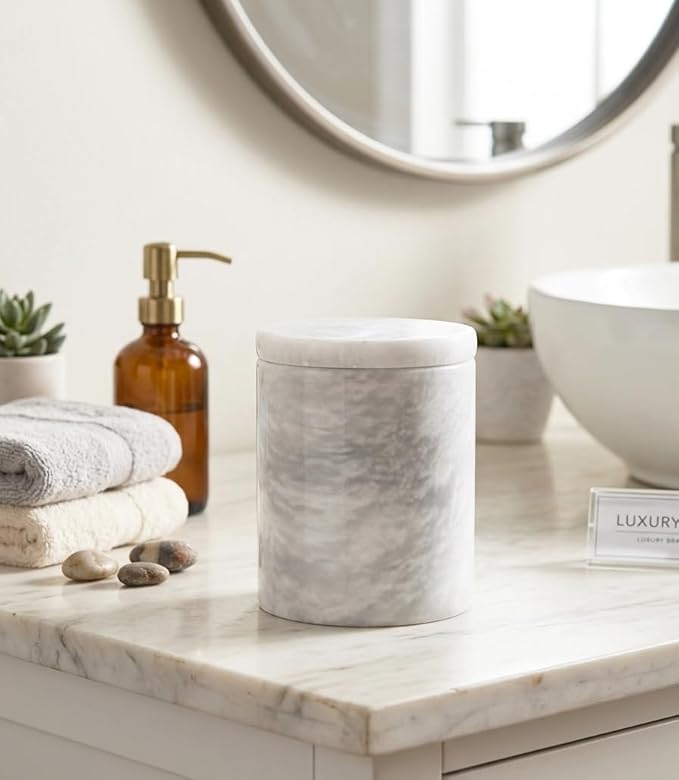 Marble Q-Tip Holder for Bathroom, White Cotton Swab Dispenser, Luxury Bathroom Accessories Countertop Organizer for Cotton Balls & Cotton Rounds, Bathroom Counter Storage Canister
