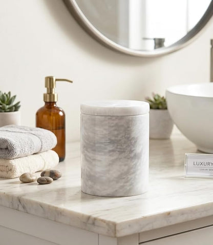 Marble Q-Tip Holder for Bathroom, White Cotton Swab Dispenser, Luxury Bathroom Accessories Countertop Organizer for Cotton Balls & Cotton Rounds, Bathroom Counter Storage Canister