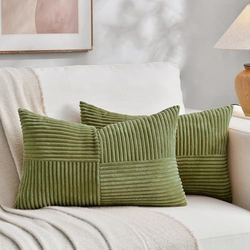 Fancy Homi 2 Packs Moss Green Lumbar Decorative Throw Pillow Covers 16x28 Inch for Living Room Couch Bed, Rustic Farmhouse Boho Home Decor, Soft Striped Corduroy Rectangle Accent Cushion Case 40x70 cm by Fancy+Homi