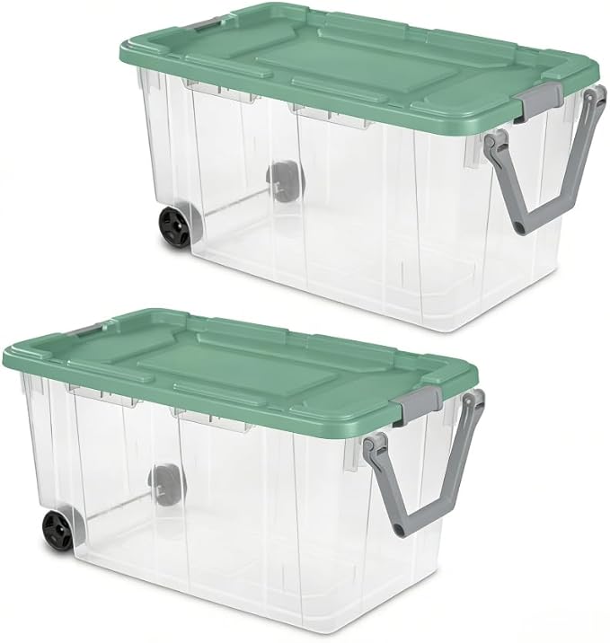 160 Quart Durable Clear Storage Container with Latch Lid and Pull Handle, Light Green, 2 Pack