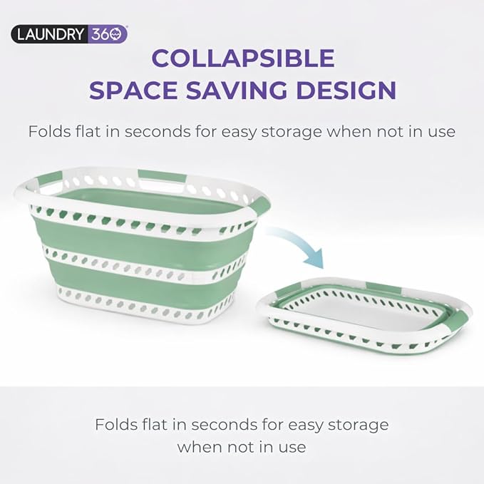 Laundry 360 Collapsible Laundry Basket | Portable | Space Saver Storage | Hold 2 Loads | Store Under the Bed or Closet | Good for Kids | Dorm | Bedroom | Large | White/Sage