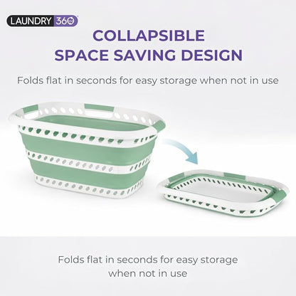 Laundry 360 Collapsible Laundry Basket | Portable | Space Saver Storage | Hold 2 Loads | Store Under the Bed or Closet | Good for Kids | Dorm | Bedroom | Large | White/Sage