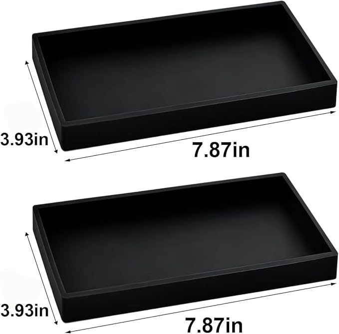 2PCS 7.87” L x 3.93” W Silicone Soap Dispenser Trays, countertop Tray for Kitchen Counter, Toilet, Small Black Tray for Scrubber, Lotion Bottles, Perfume, Jewelry, Candle, Key Trinket Ring-Black