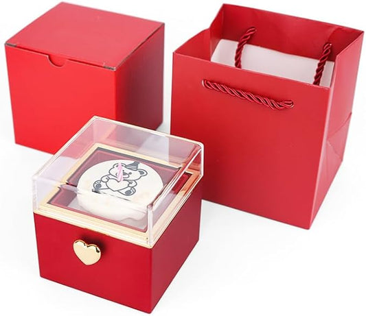 Magic Flip Jewelry Carousel with Heart Button Surprise, Rotating Transparent Gift Box - Bear Cake or Flower Design Organizer for Necklaces & Rings, Birthday Mothers Day Gifts for Women (Red Bear)