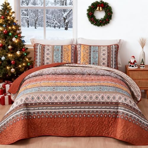 WONGS BEDDING Boho Quilt King Size, Fall Bedspread Set, Burnt Orange by WONGSBEDDING
