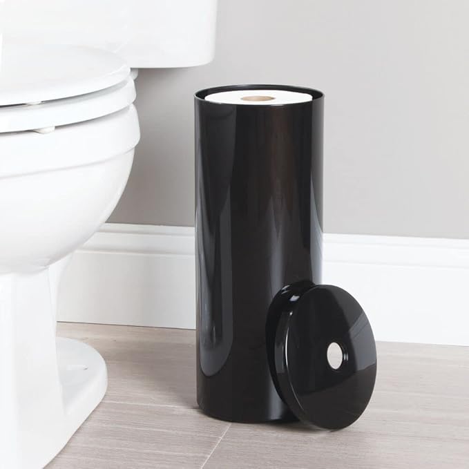 mDesign Plastic Floor Stand Toilet Paper Organizer with Cover, 3-Roll Space-Saving Tissue Storage for Bathroom - Fits Under Sink, Vanity, Shelf, in Cabinet, Corner - Aura Collection - Black