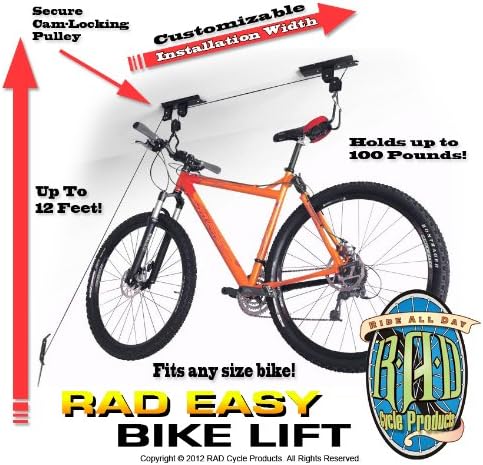Bike Hanger - Overhead Hoist Pulley System with 100lb Capacity for Bicycles or Ladders - Secure Garage Ceiling Storage by Rad Sportz