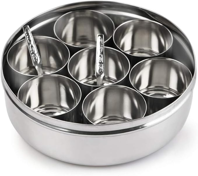 Mumma's LIFE Stainless Steel Masala Dabba/Spice Box with See Through Lid, 7 Containers and 1 Small Spoons (12inch)