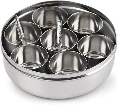 Mumma's LIFE Stainless Steel Masala Dabba/Spice Box with See Through Lid, 7 Containers and 1 Small Spoons (12inch)