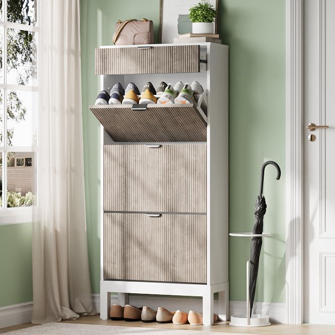 IDEALHOUSE Shoe Storage Cabinet with 3 Flip Drawers, Farmhouse Fluted Shoe Organizer with Metal Legs, Freestanding Hidden Slim Narrow Shoe Rack for Entryway, Foyer, Hallway
